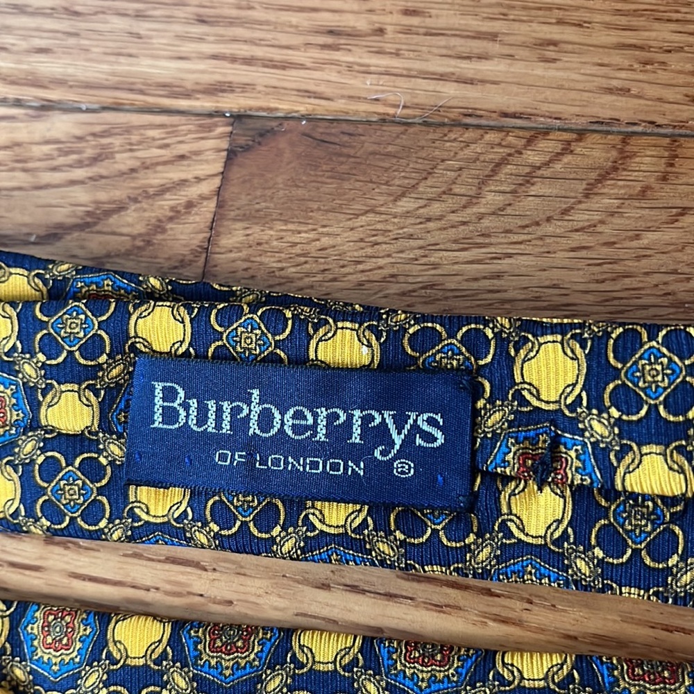 Vintage Burberry Silk Tie Blue Yellow Gold Burberrys London Wedding‎ Formal - Picture 5 of 6